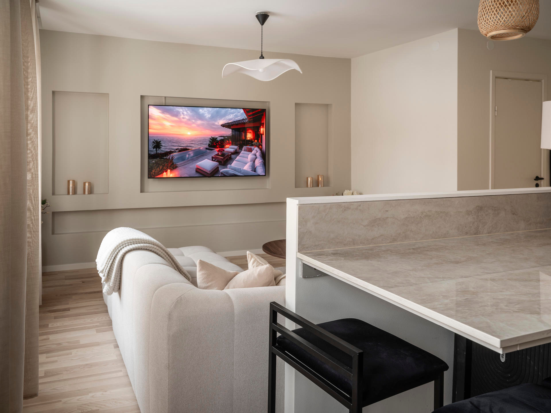 Renovated living room and kitchen in Aspudden